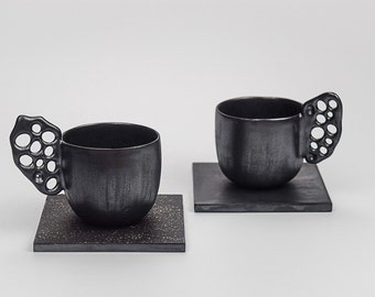 Flat white cup & coaster, Cortado cup, Espresso ceramic cup, Contemporary, Handmade, Minimalist, Coffee lover, Unique design, Birthday