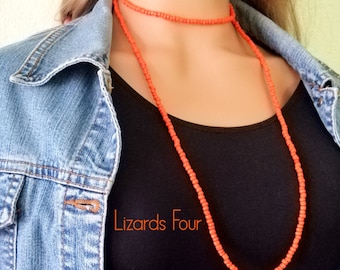 Orange Long Seed Bead Necklace, Seed Bead Necklace, Bohemian Boho Necklace, Layering Necklace, Layering