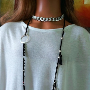 Long Boho Black Beaded Layering Necklace, Chain Choker Necklace, Silver Chain Chunky Necklace