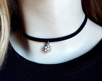 Black Choker Necklace, Snowflake Choker, Collar Necklace, Cheap Gift for Her, Under 10 Dollars