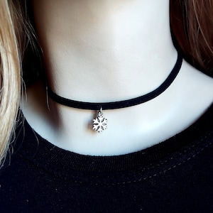 Black Choker Necklace, Snowflake Choker, Collar Necklace, Cheap Gift for Her, Under 10 Dollars