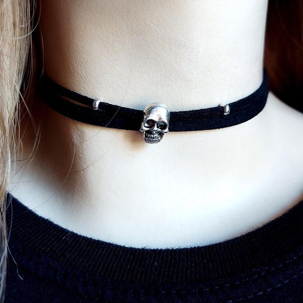 Black Choker Necklace, Skull Necklace, Gothic Collar Necklace, Cheap Gift for Her, Under 10 Dollars