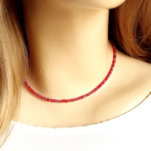 Red Seed Bead Choker Necklace: Boho Layering Necklace