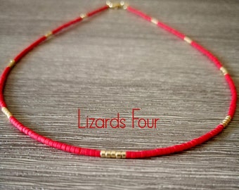 Red and Gold Seed Bead Choker Necklace, Matte Dainty Beaded Minimalist Red choker Miyuki Tiny beads, Layering