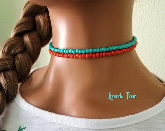 Turquoise - Orange Choker, Layered Seed Bead Choker Necklace, Beaded Necklace, Stacking Necklaces, Boho Choker