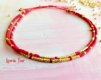 Red Beaded Bracelet, Gold beaded Bracelet, Minimalistic Bracelet, Dainty Bracelet, Gift for her, Miyuki bead Bracelet