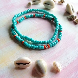 Turquoise & Orange Seed Bead Anklet Set: Boho Ankle Bracelet
