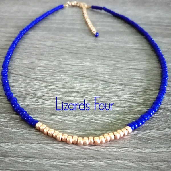 Blue Seed Bead Choker Necklace, Gold Choker, Bohemian Choker, Beaded Necklace, Bead Choker, Layering