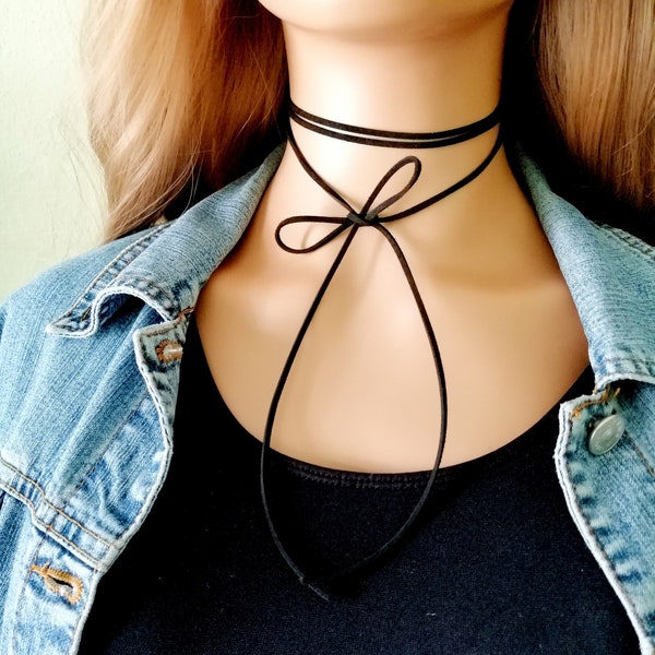 Black Wrap Tie Necklace, Faux Suede Choker Necklace, Bohemian Necklace