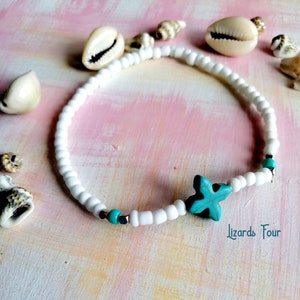 White Seed Bead Anklet: Turquoise Howlite Cross Boho Ankle Bracelet