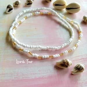 White Seed Bead Anklet Set: Gold Accent Boho Ankle Bracelet