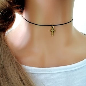 Gold Cross Layered Necklace, Black Adjustable Necklace, Cross Choker, Boho Summer Choker Necklace, Black Necklace