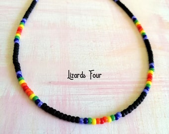 Black Choker Necklace, Rainbow Multicolor Beaded Choker Necklace, Boho Necklace, Layared Necklace, Gift For Couple, Waterproof Necklace