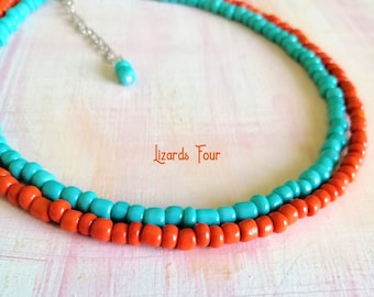 Layered Turquoise Choker, Orange Seed Bead Choker Necklace, Beaded Necklace, Stacking Necklaces, Boho Choker