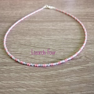 Pink & Gray Seed Bead Choker: Dainty Layering Necklace
