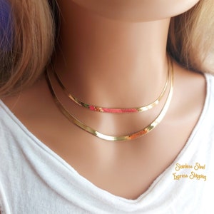 Gold Stainless Steel Herringbone Snake Chain Necklace