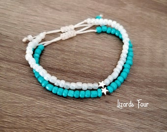 Star Stacking Bracelet, Turquoise Beaded Bracelet, Macrame Bracelet, Gift for her, Friendship Bracelet, White Pearl, Turquoise, Red Bracelet