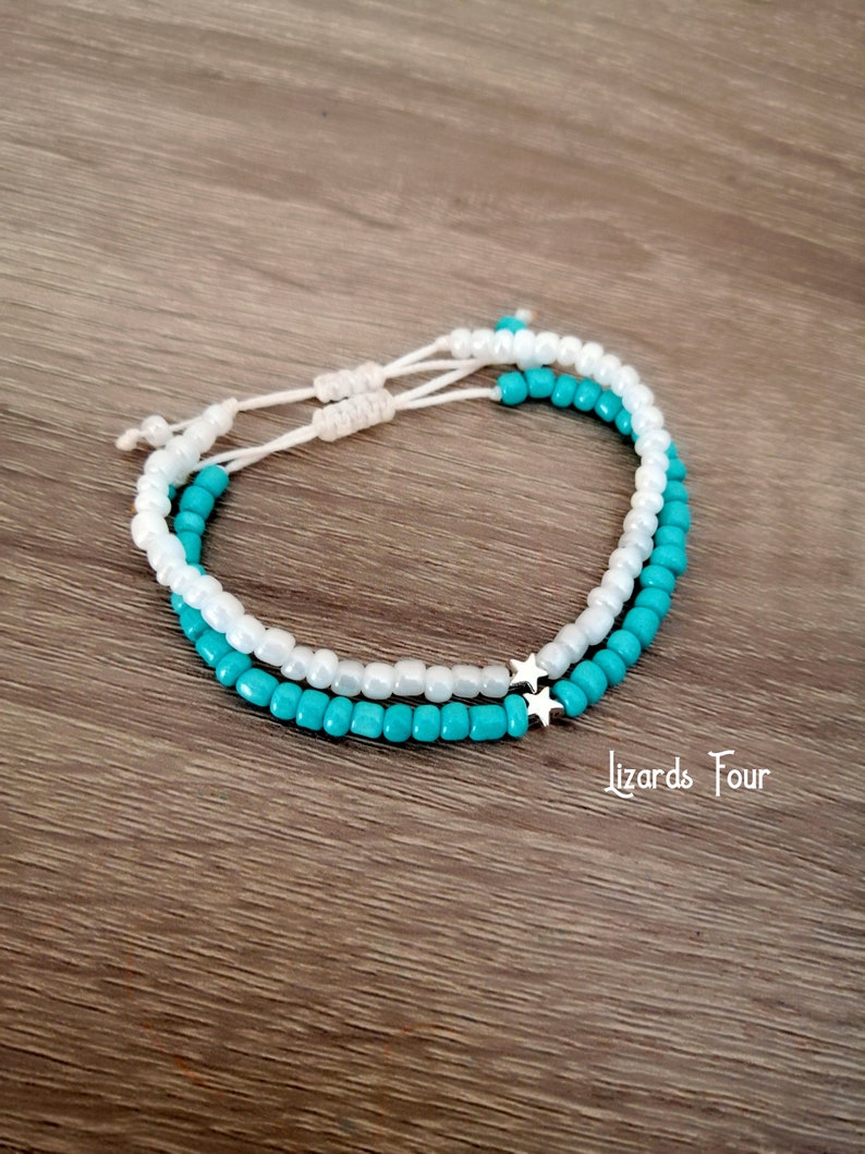 Star Stacking Bracelet, Turquoise Beaded Bracelet, Macrame Bracelet, Gift for her, Friendship Bracelet, White Pearl, Turquoise, Red Bracelet image 1