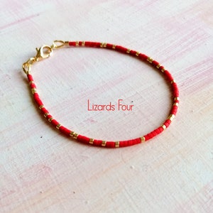 Red Miyuki Beaded Bracelet: Gold Accents, Dainty Minimalist Style