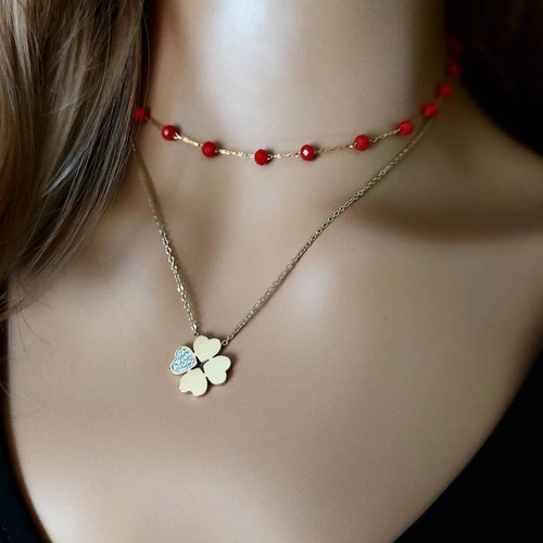 Layered Clover Necklace, Four Leaf Clover Layering Necklace, Rosary Ckoker Necklace Gift for Her, Christmas Gift for Woman, Red shops Necklace