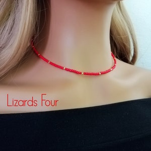 Red Seed Bead Choker: Gold Miyuki Beads, Dainty Layering Necklace