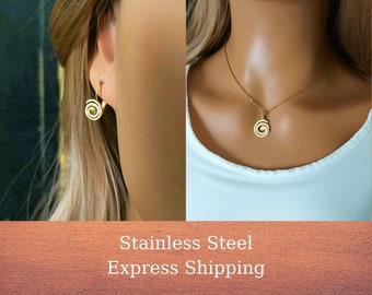 Gold Spiral Necklace Set with Earrings, Stainless Steel, Gift for Her