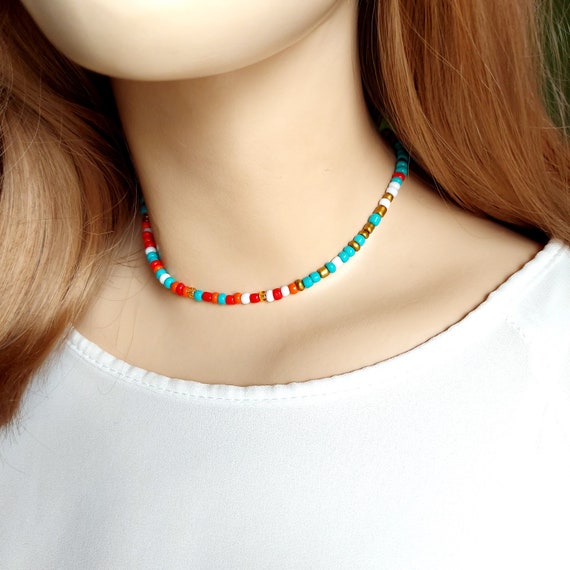 Multi Colored Bead Necklace, Colorful Long Stone Beaded Necklace, Layering  Hippie Chain, Boho, Wrap Cuff