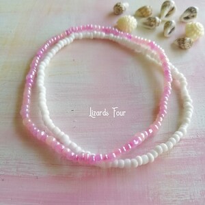 Pink & White Seed Bead Anklets: Boho Ankle Bracelet Set