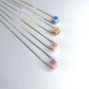 Stainless Steel Cube Necklace: Minimalist Ceramic Bead Pendant