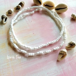 White Seed Bead Anklet Set: Silver Accents, Boho Beach Jewelry