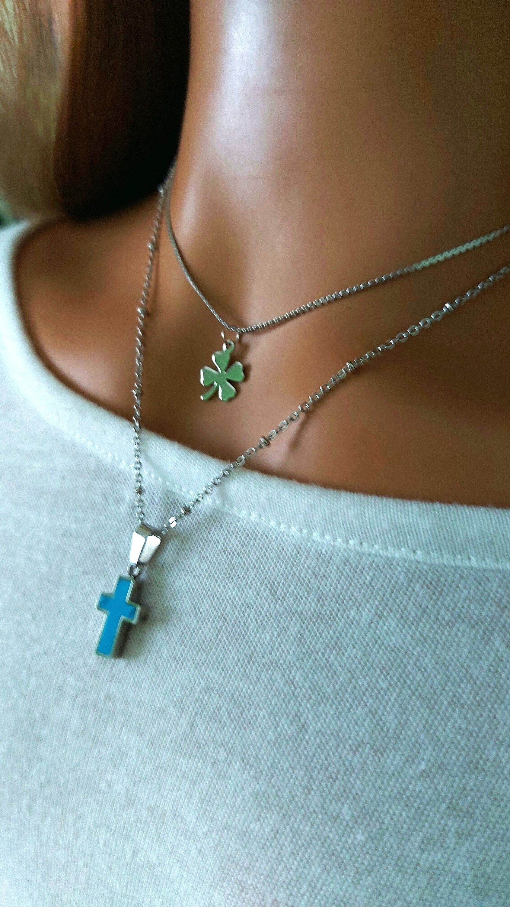 Cross Necklace for Woman Four Leaf Clover Necklace Layered Necklace Lucky Necklace Gift for Her