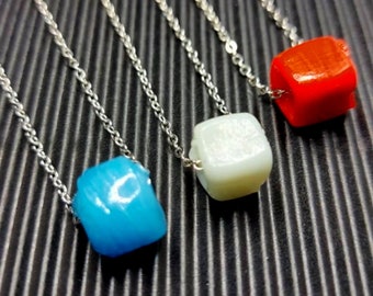 Turquoise Cube Bead Silver Stainless Steel Chain Necklace , Layering Necklace, Red White Necklace, Hypoallergenic Necklace, Dainty Necklace