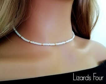 White Choker Necklace, Gold and White Seed Bead Choker, Dainty Necklace, Bead Choker, Layering