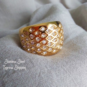 Gold Stainless Steel Statement Ring with Zircons