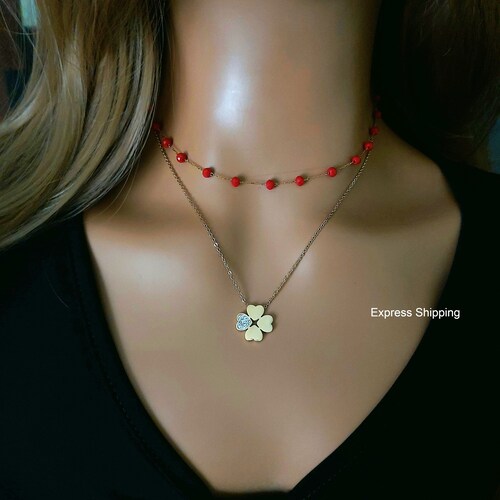Layered Clover Necklace, Four Leaf Clover Layering Necklace, Rosary Ckoker Necklace Gift for Her, Christmas Gift for Woman, Red shops Necklace