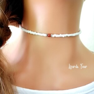 White Seed Bead Choker: Gold Sunstone Dainty Necklace