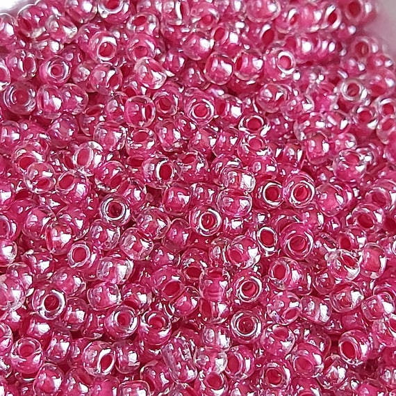 3mm Seed Beads 40g , Dark Pink Lined Clear Seed Beads, Glass Seed Beads  Transparent Pink Color Inside Rocailles B366 