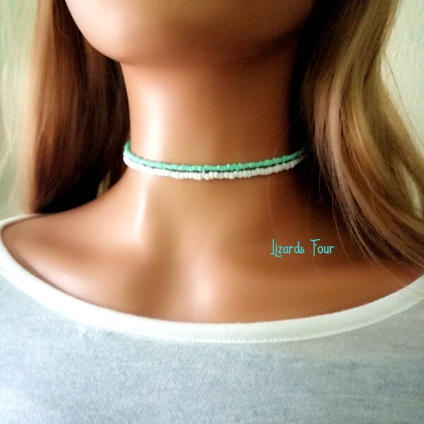 Layered White Choker, Green Seed Bead Choker Necklace, Beaded Necklace, Stacking Necklaces, Boho Choker