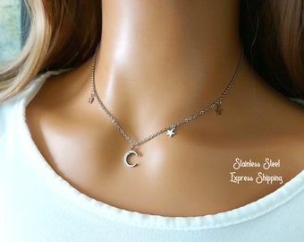 Moon Necklace, Crescent Moon Dainty Necklace, Silver Stainless Steel Moon Necklace with Stars