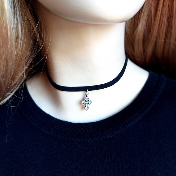 Black Choker Necklace, Cross Necklace, Cheap Gift for Her, Under 10 Dollars  -  Canada
