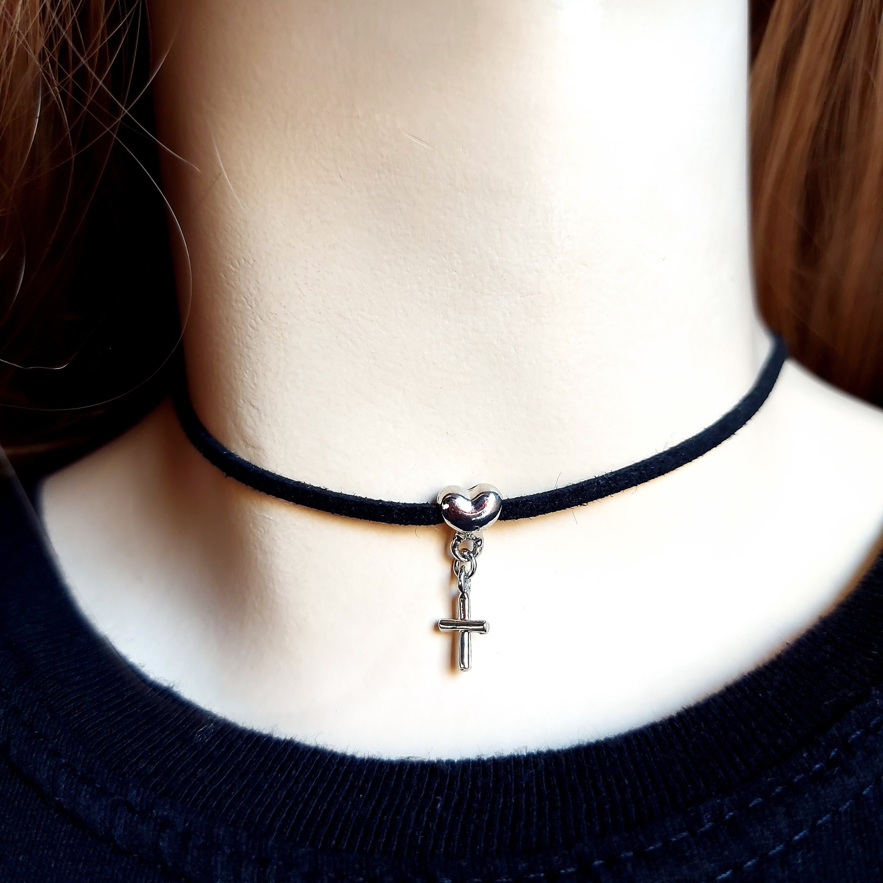 Black Choker Necklace, Cross Necklace, Heart Necklace, Under