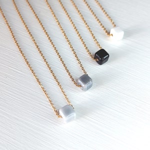 Minimalist Stainless Steel Cube Necklace: Ceramic Bead Pendant