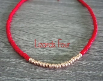 Red Seed Bead Choker Necklace, Layering Gold Choker, Minimalist choker, Dainty necklace, Beaded Necklace, Bead choker