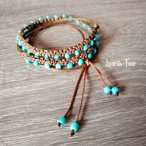 Turquoise Boho Beaded Anklet / Bracelet, Adjustable Waterproof Wrap Bracelet - Anklet