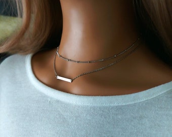 Doppellagige Kette Edelstahl Halskette, Geschenk für sie, zierliche Bar Choker Halskette