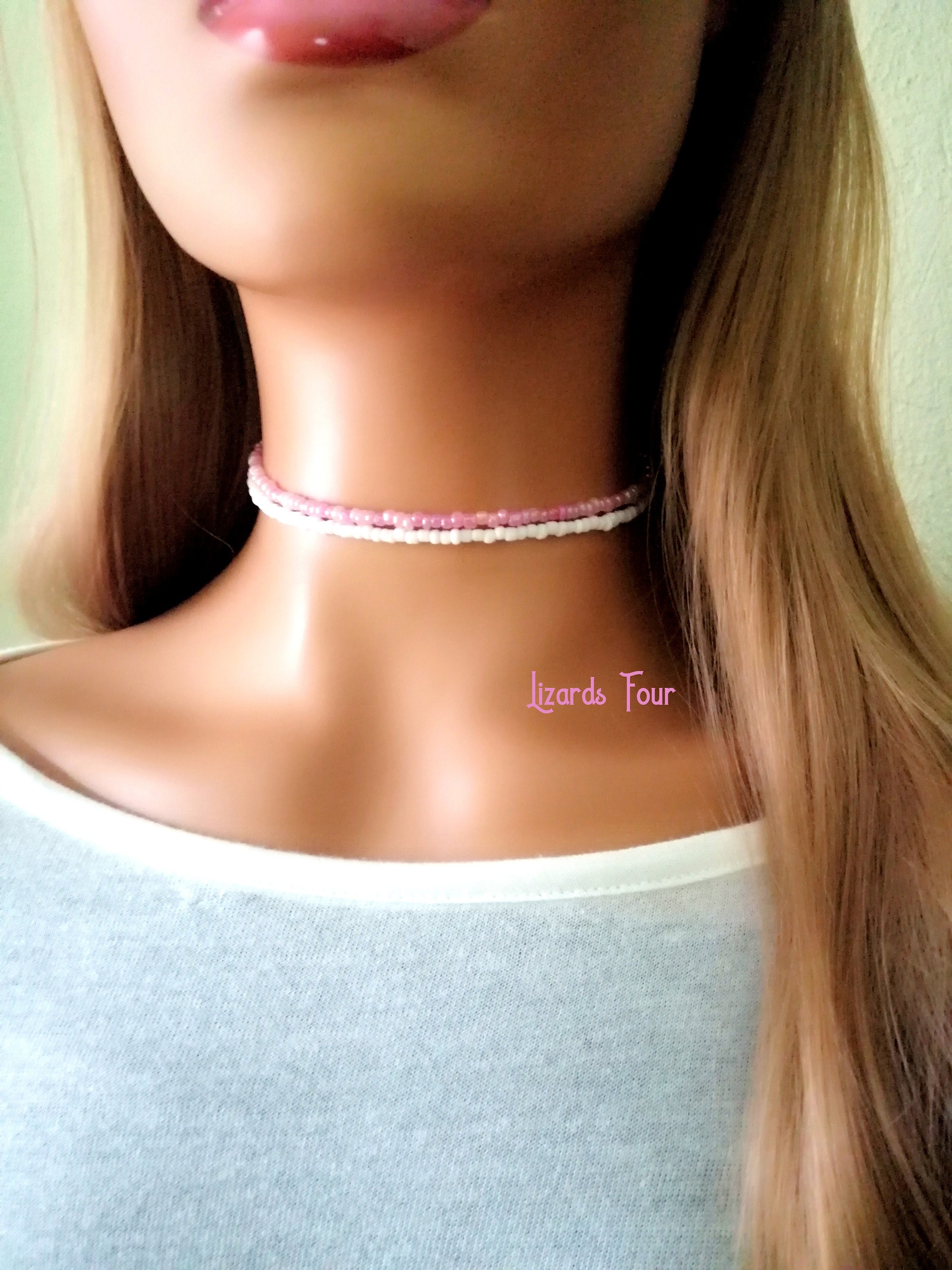 layering-pink-seed-bead-choker-necklace-white-beaded-etsy-australia