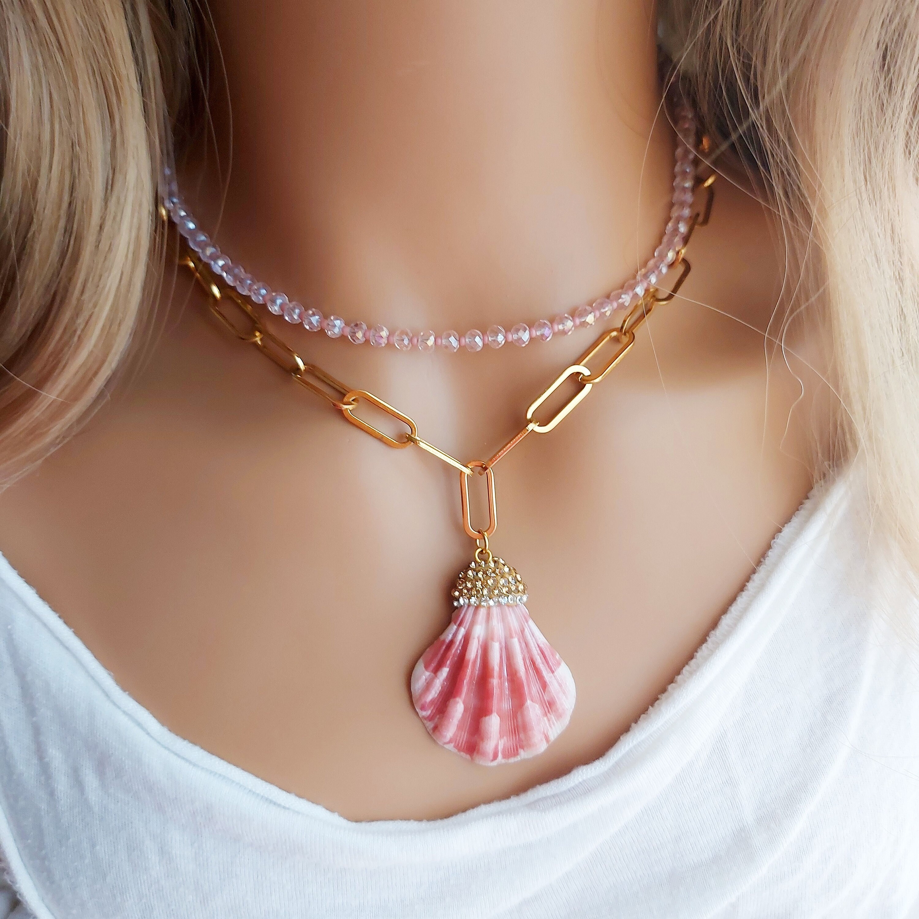 Pink Shell Necklace Stainless Steel Gold Chain Necklace Summer Jewelry