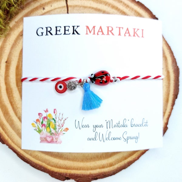 Bracelet grec Evil Eye Martaki March Spring, Bracelet à cordes rouges, Bracelet coccinelle WB88