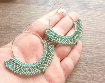 Egyptian Style Beaded Earrings, Half Moon Green Beaded Silver hoops, Seed Bead Earrings, Brick Stitch