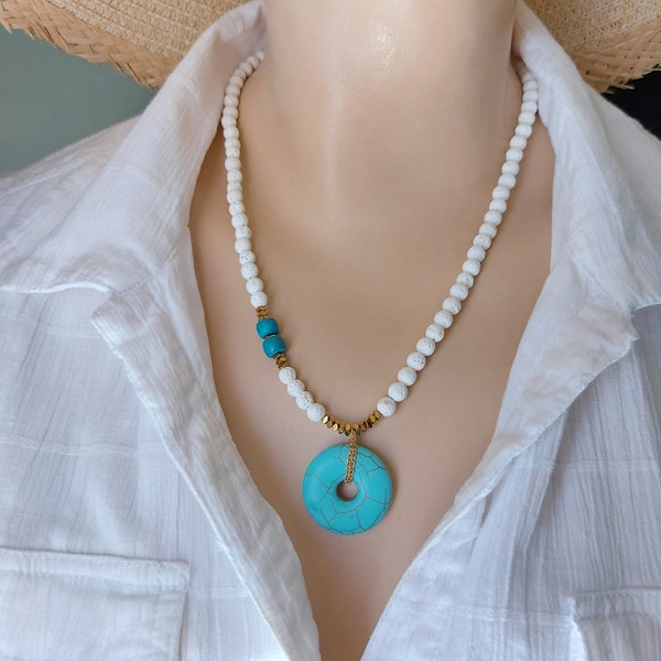 Turquoise Necklace, White Lava NEcklace,Essential Oil Diffuser Necklace, Statement Unique Necklace, Aromatherapy Summer NEcklace